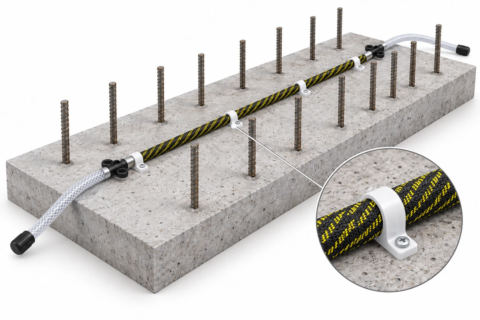 An injection hose fixed to a prepared substrate before the next concreting stage, with two accessible feed lines.