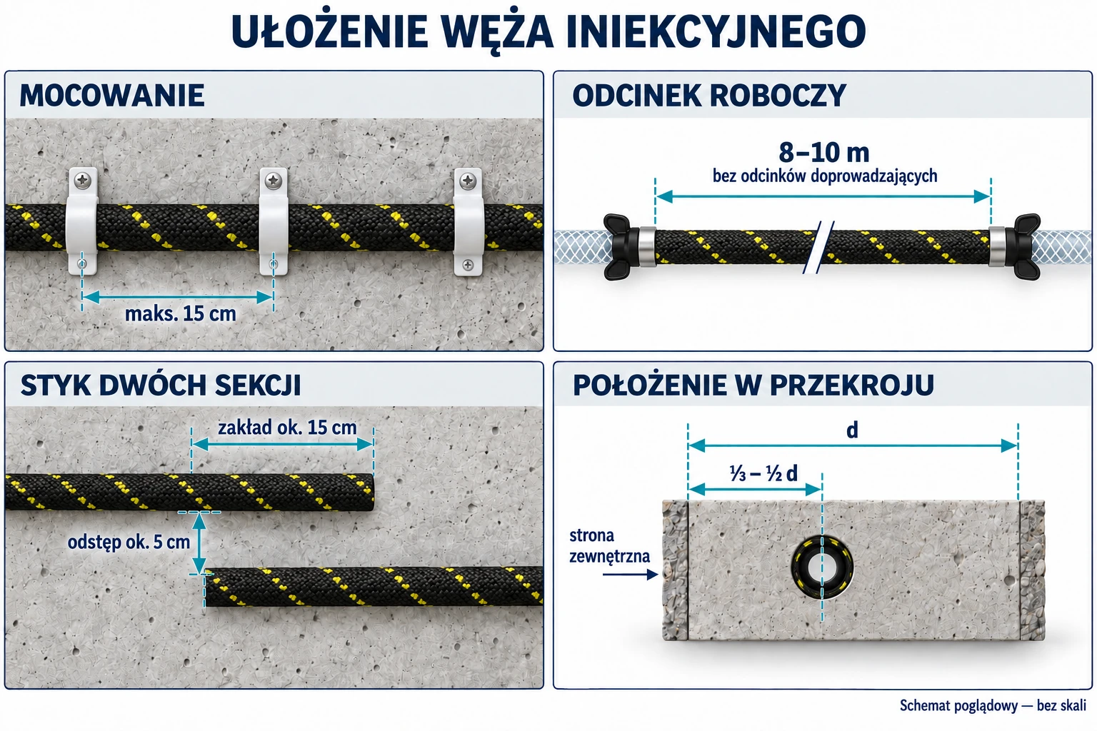 HAMMPACK system shown: fixing at maximum 15 cm intervals; section 8–10 m excluding feed lines; overlap approximately 15 cm and gap approximately 5 cm; hose position from one third to half the element thickness measured from the outside.