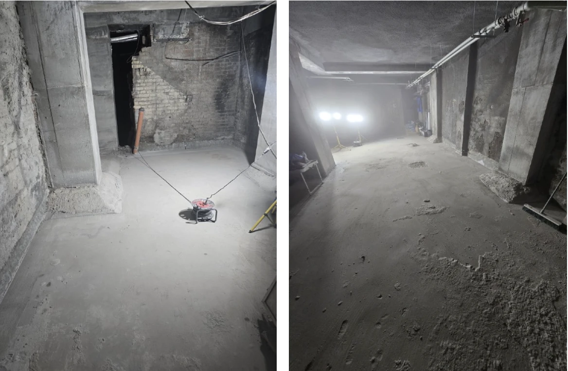 Two views of basement rooms with the floor layer reinstated after sealing; work lighting is visible.