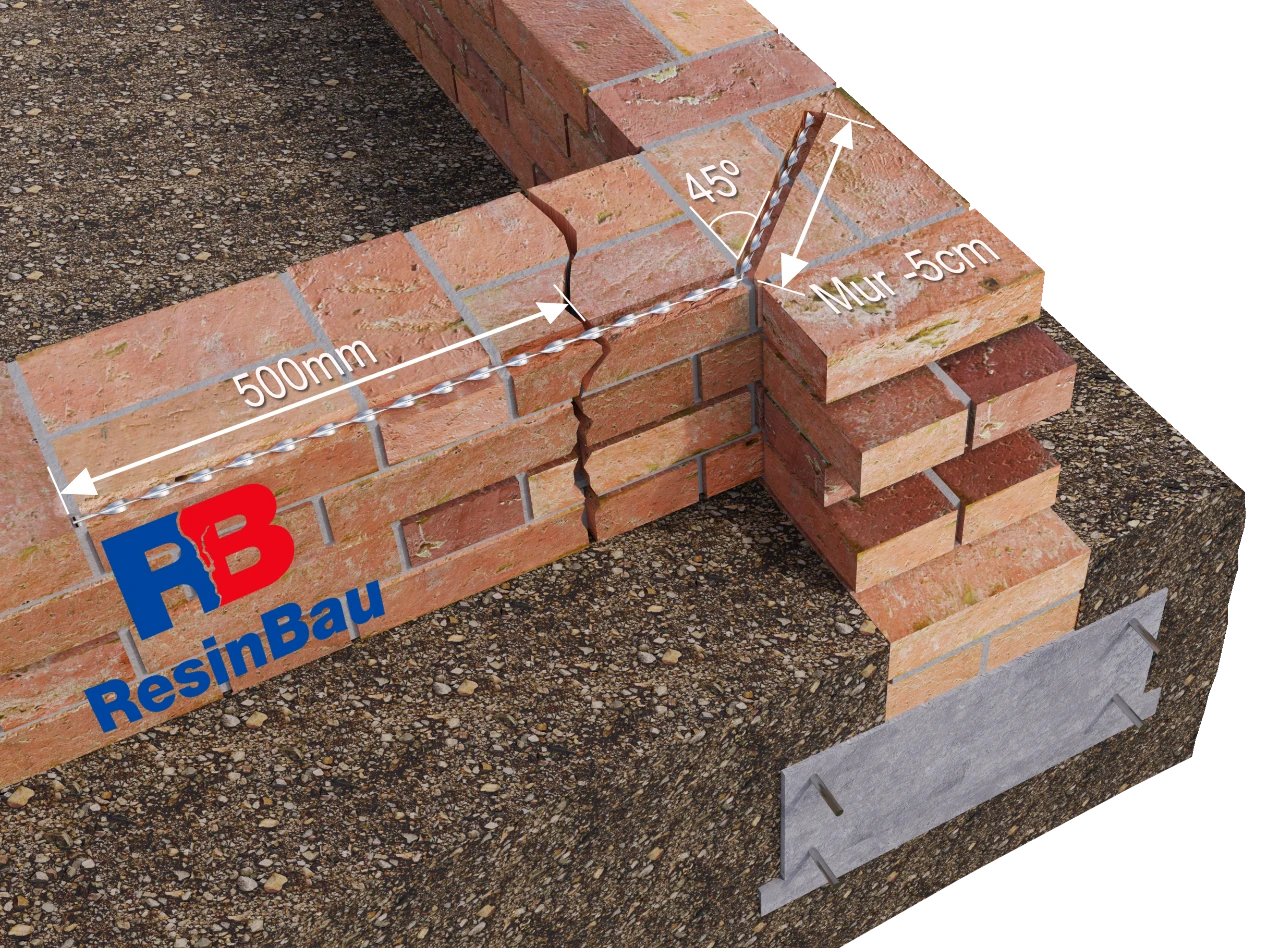 Alternative corner detail: an anchor runs beside the crack and continues into an angled borehole labelled 45 degrees.