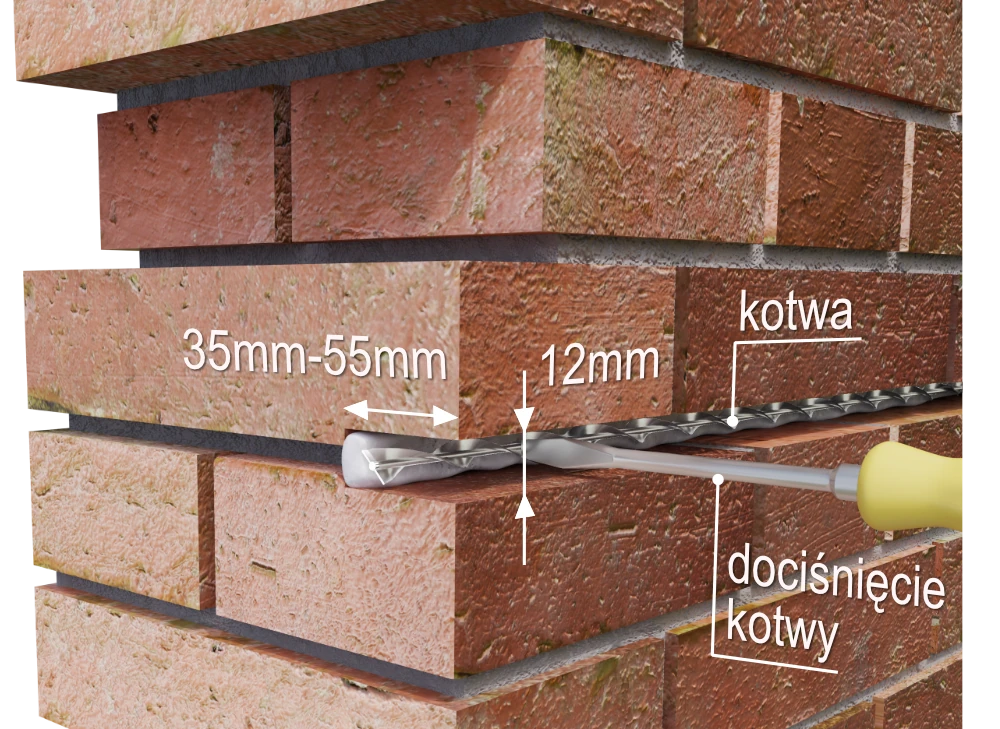 A helical anchor is pressed with a tool into the first grout layer in the chase; bar position labels are visible. — The helical bar is the anchor; the tool below presses it into the mortar. The horizontal arrow marks a groove depth of 35–55 mm; the vertical arrow marks a groove height of 12 mm.