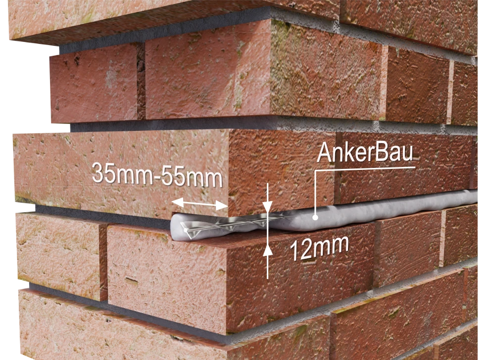 Third chase cross-section with the anchor surrounded by AnkerBau grout after the second layer; dimension labels are retained.
