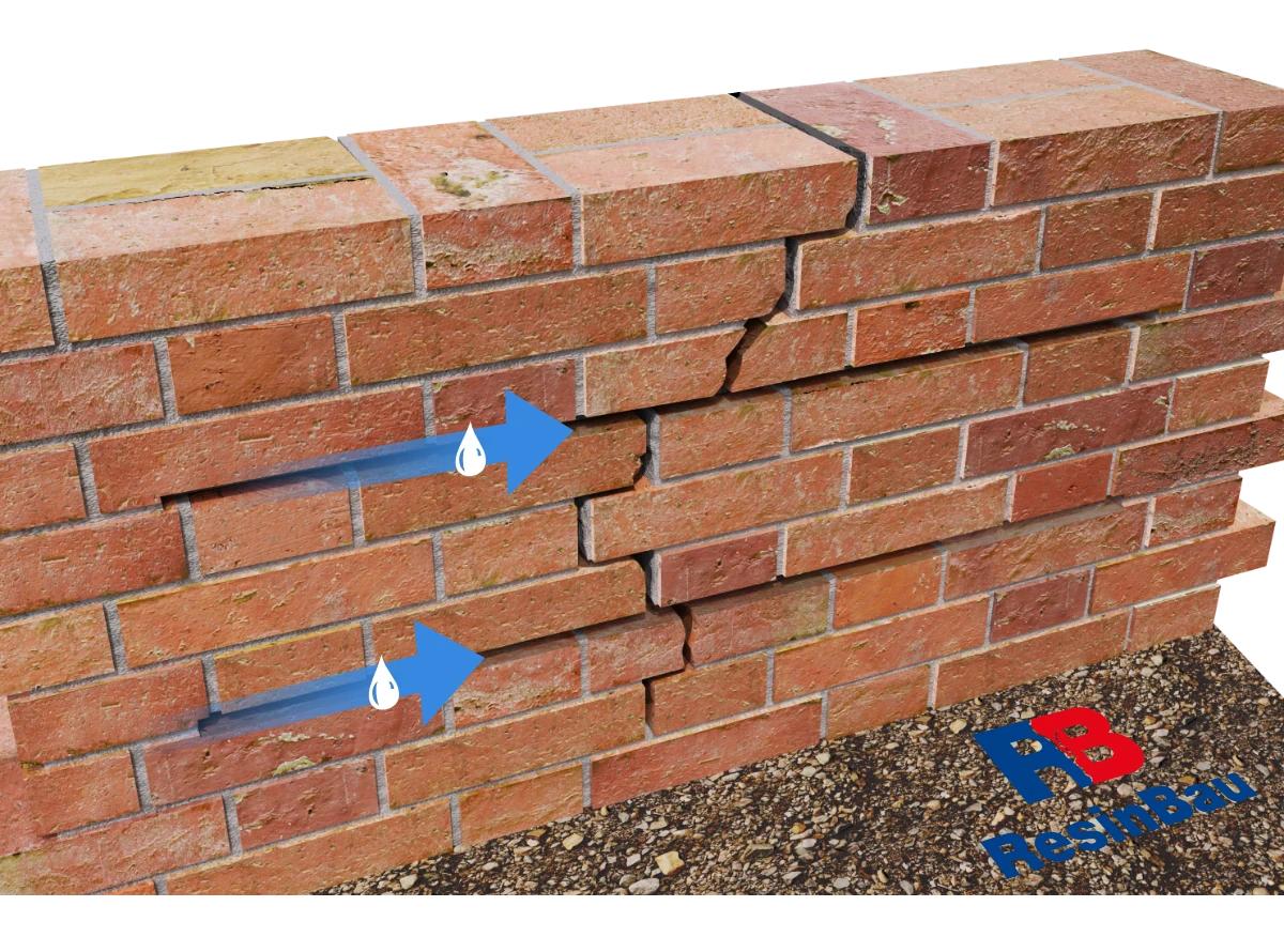 Arrows with water droplets show dampening of prepared masonry chases.