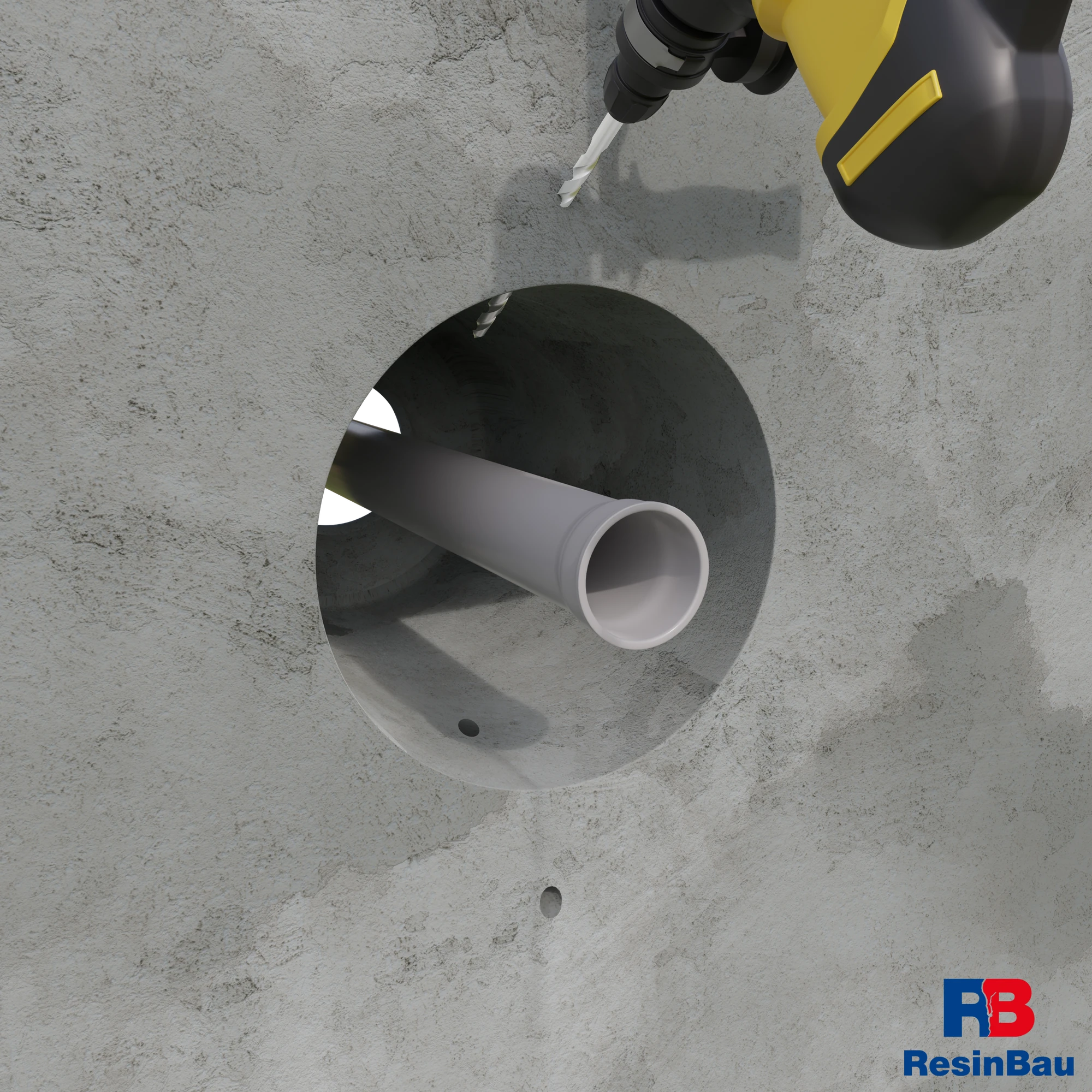 Drilling concrete around a service penetration; hole entrances lie above and below the pipe.