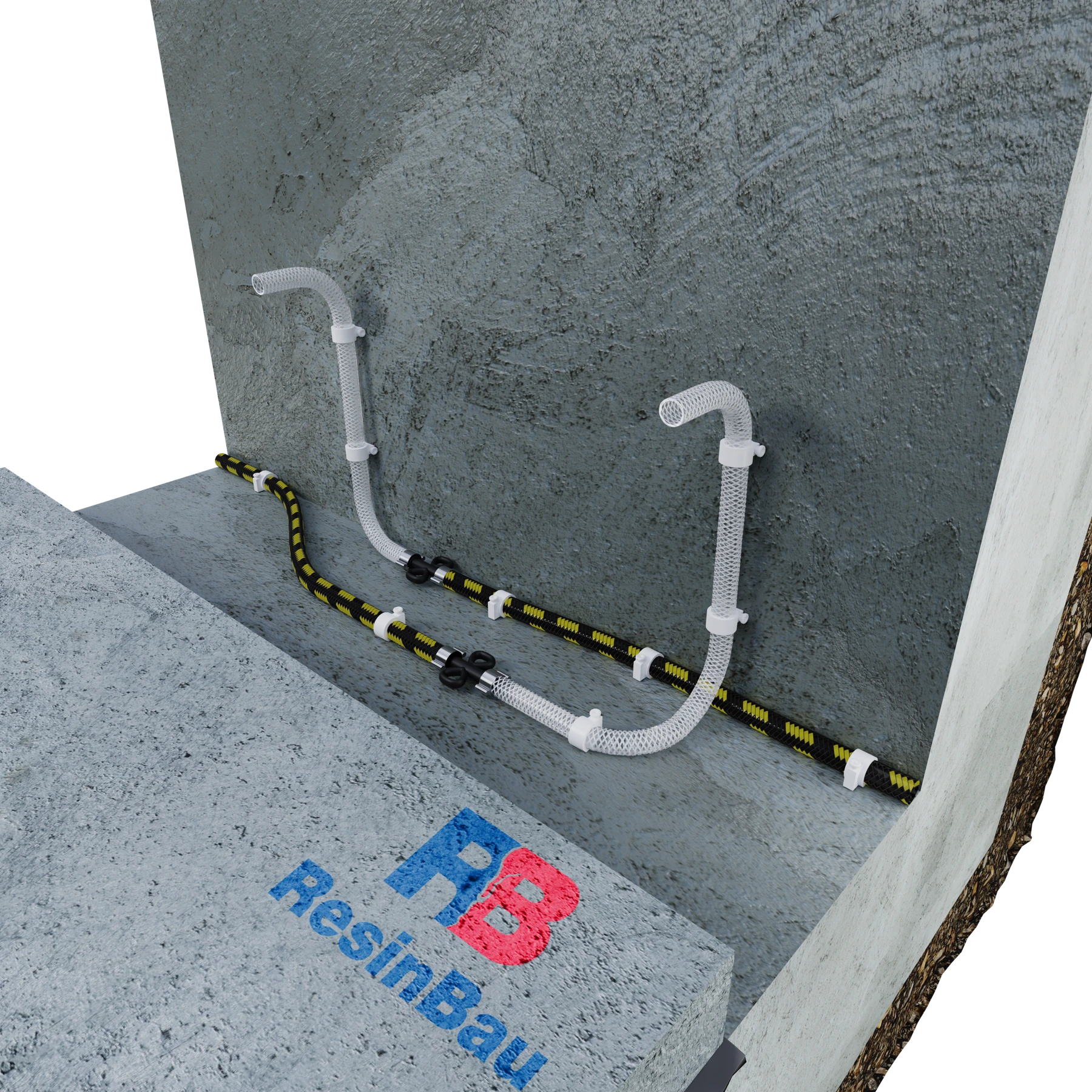 A hose runs along an existing wall in an exposed floor strip; feed lines extend upwards.