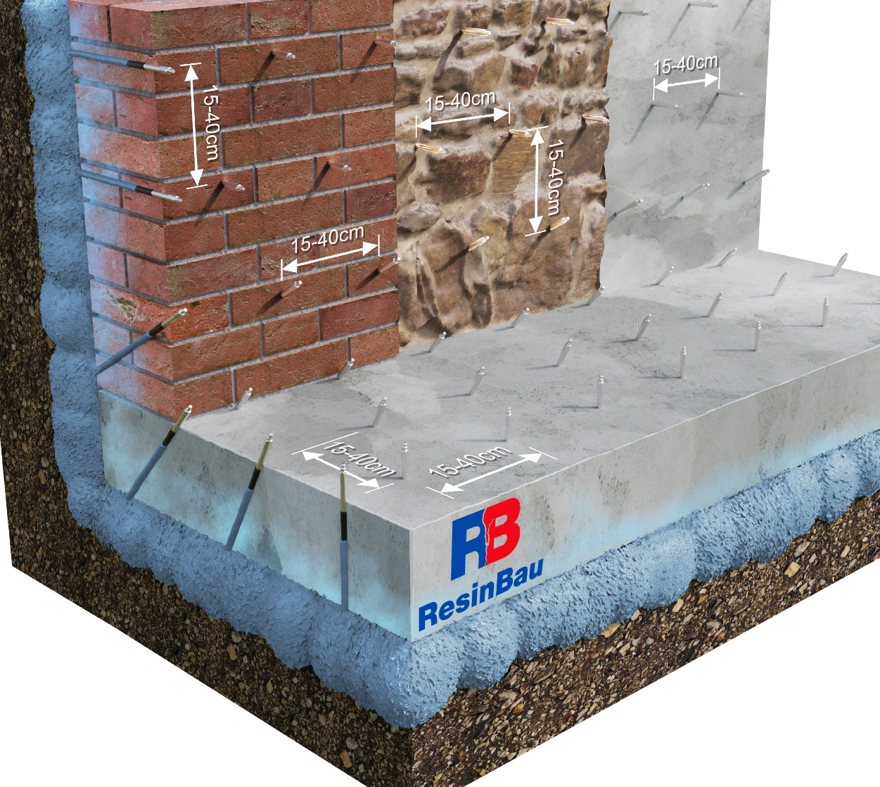 Cross-section of brickwork, stone masonry and concrete connected to a slab; the blue barrier runs along the ground side.