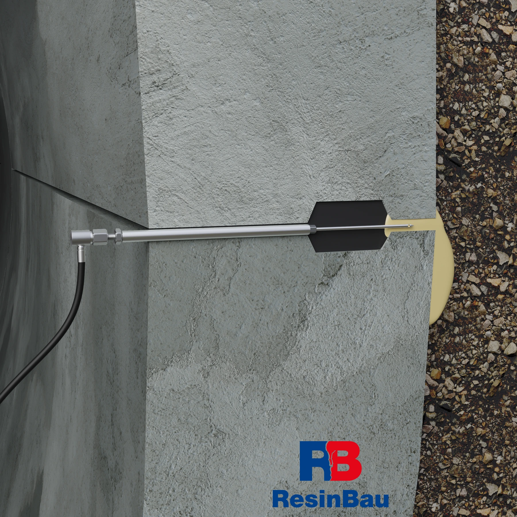 وُصل خرطوم المضخة بالمجموعة؛ وتنتقل مادة الحقن الصفراء إلى المنطقة غير المحكمة قرب الوصلة.