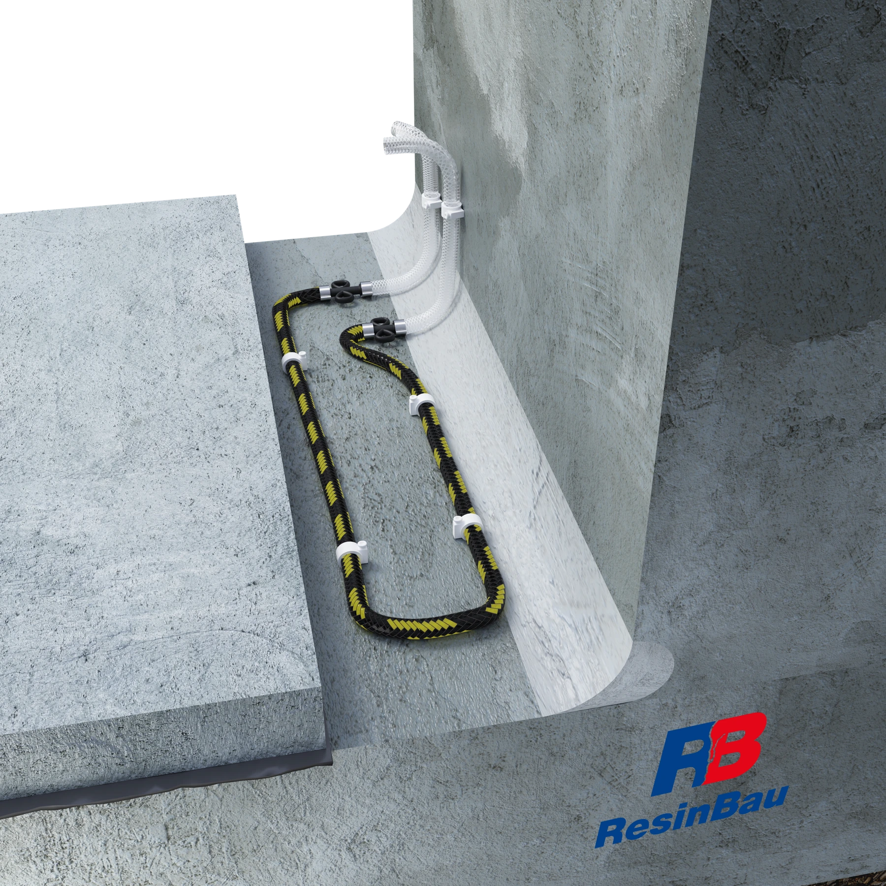 Un tuyau a été fixé dans la bande dégagée contre le mur existant et ses extrémités accessibles ont été amenées à l'extérieur.