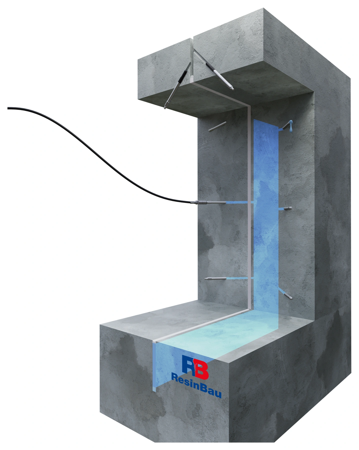 Secção de uma junta de dilatação vertical durante a aplicação do gel, com zona azul visível e pontos de controlo abertos.