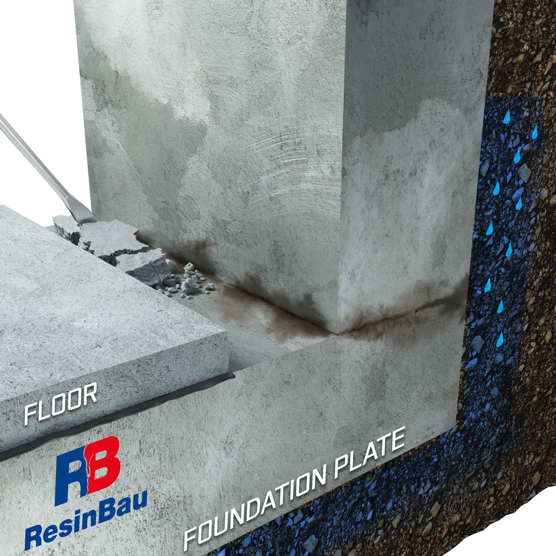 Miestne odstránenie podlahy odkrýva spojenie pri päte steny.