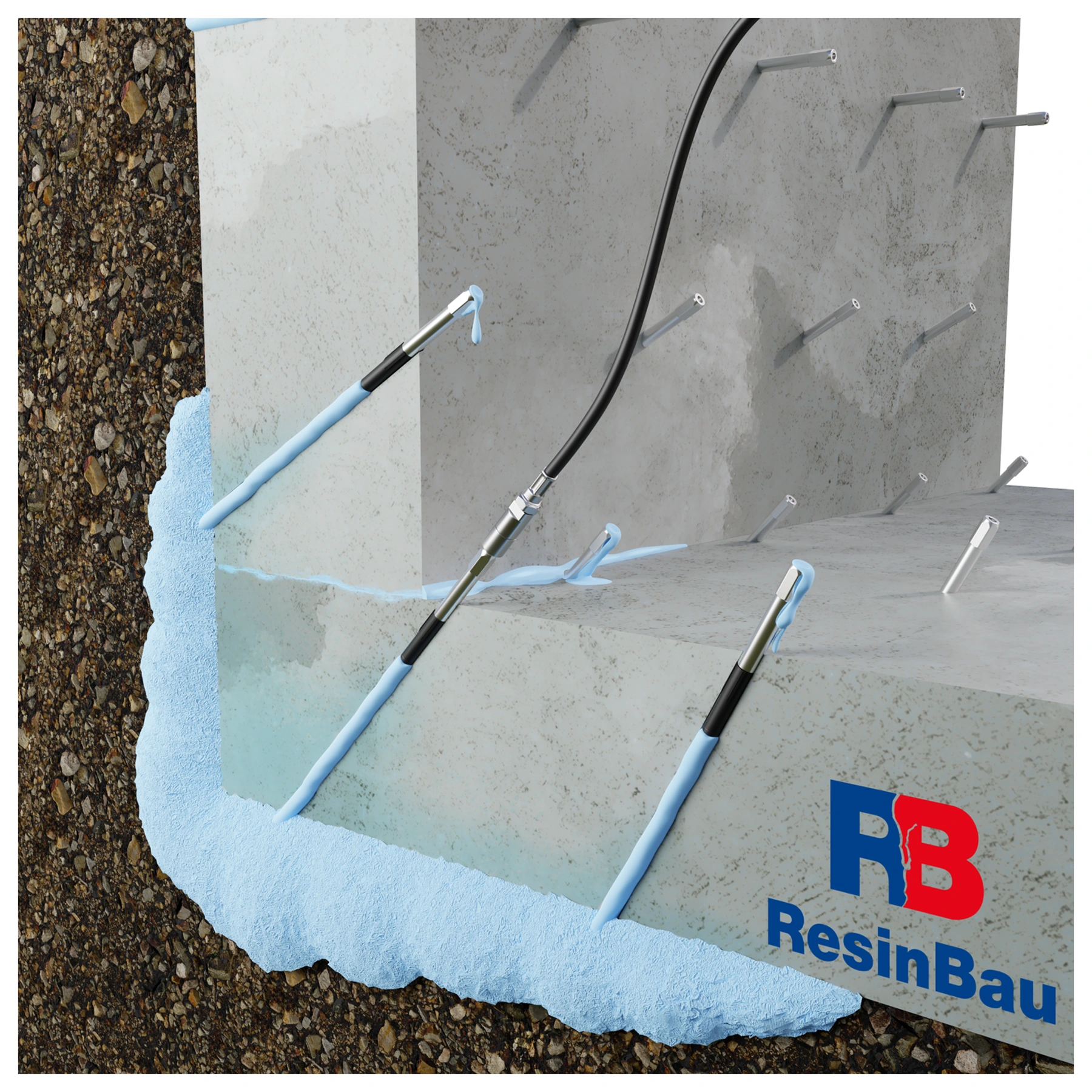 Furnizim në paker, zonë blu në anën e truallit dhe dalje materiali në pikat e hapura fqinje.